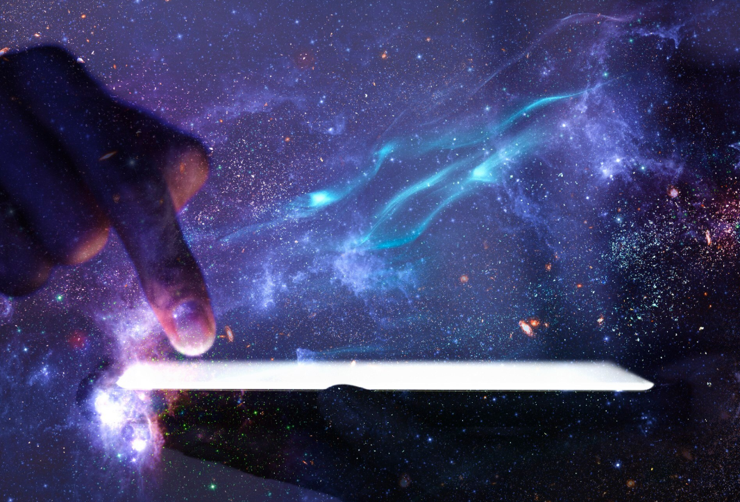 Global networking background hand using phone technology remix galaxy