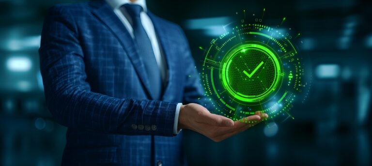 Businessman holding digital hologram of green compliance tick symbol for certification concept