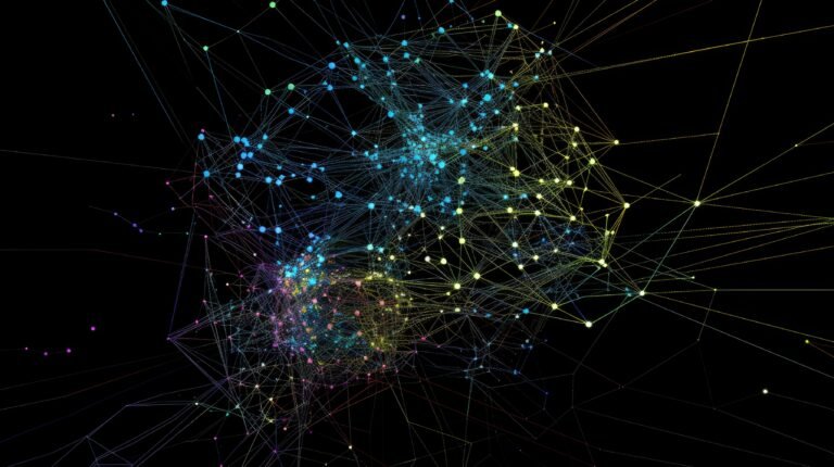 Abstract digital network with interconnected nodes and lines on a black background. Glowing vibrant color dots and lines connecting together at black background. Futuristic and technology. AIG53.