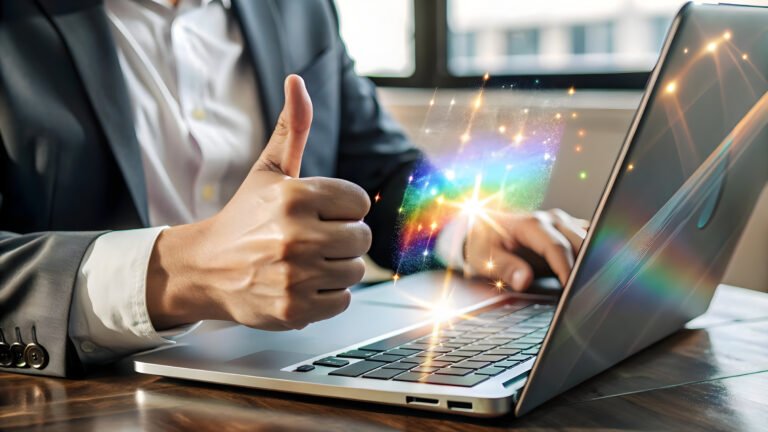 flat-holographic-laptop-with-glowing-thumbs-up-ample-copy-space-white-background-concept-as