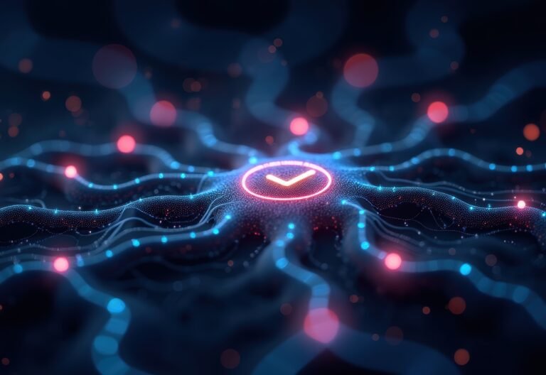 Abstract digital landscape with glowing checkmarks, representing data security, quality assurance, or successful verification.