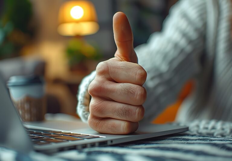 A hand giving a thumbs up on a laptop. The laptop is on a table with a cup and a plant in the background