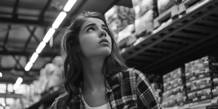 Woman standing in store, versatile image for various projects.